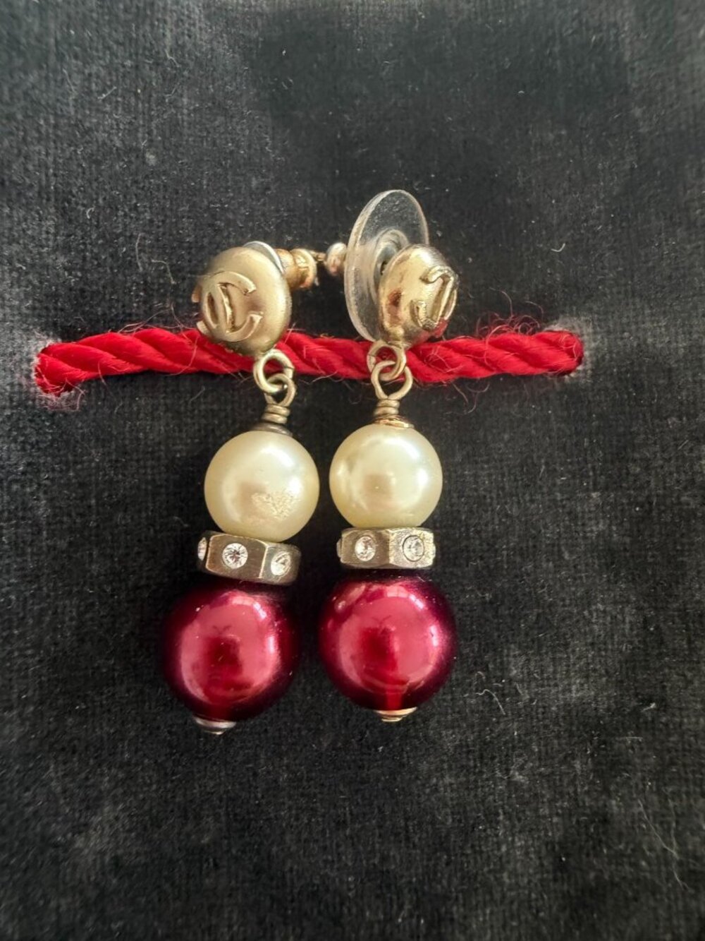 CHANEL Vintage CC Burgundy Pearl Crystal Dangle Earrings